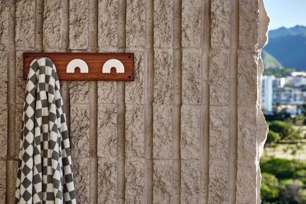 A checkered towel hangs on a textured wall with two rainbow-shaped hooks while a cityscape and mountains can be seen in the background.