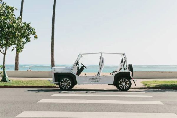 An open-top vehicle is parked beside a beach, with palm trees and the ocean in the background, near a pedestrian crosswalk.