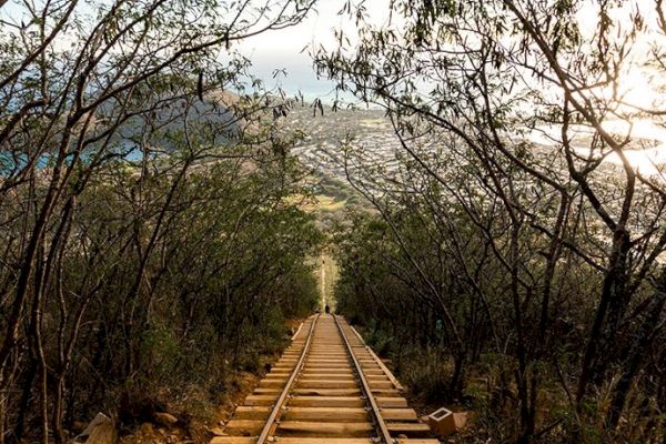 A set of old railway tracks runs through a dense forest, leading down a hill with a view of a town in the distance under a bright, cloudy sky.