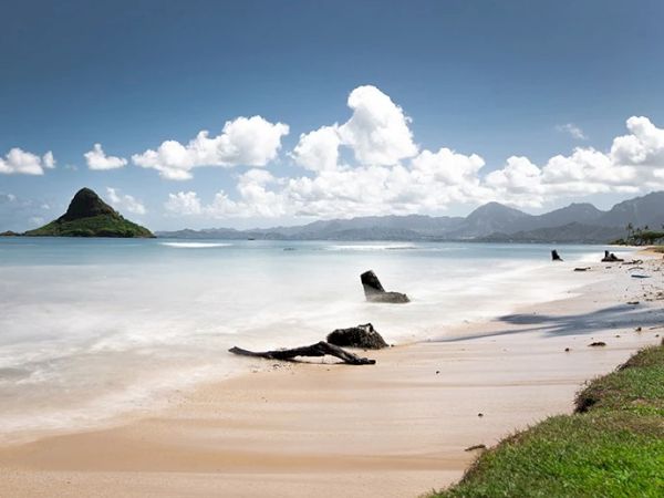 A serene beach scene with clear water, scattered driftwood on the sand, distant mountains, and a unique island formation under a partly cloudy sky.