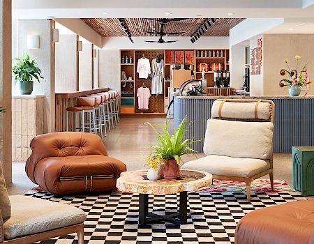 A modern lounge area with various seating options, plants, and a checkered rug, adjacent to a bar with light d&eacute;cor and displayed merchandise.