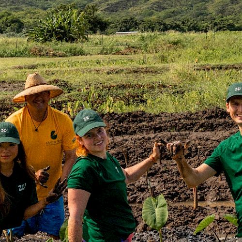 A group of people stand in a farm field holding plants, wearing green shirts and hats, with a person in a yellow shirt and straw hat.