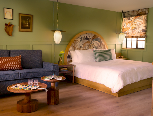 Une chambre d'h&ocirc;tel confortable avec un lit king-size, des murs verts, un canap&eacute; bleu, des tables en bois rustiques, des plantes et un &eacute;clairage suspendu chaleureux, cr&eacute;ant un refuge accueillant.