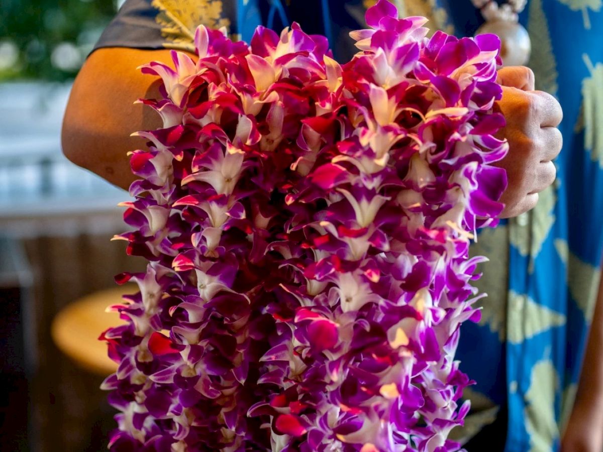 A person is holding a bunch of purple and white flower leis, typically used in Hawaiian ceremonies or celebrations, against a blurred background.