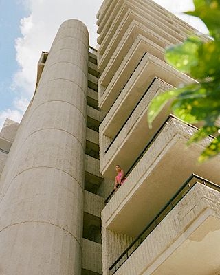 A tall building with balconies and a cylindrical structure, with a person in pink standing on one of the balconies, and some green leaves in the foreground.