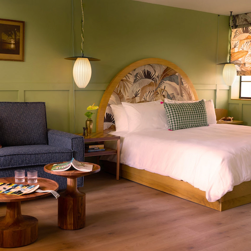 A cozy bedroom with a green theme, featuring a bed, a blue sofa, wooden tables, and wall art, well-lit by natural and artificial light sources.