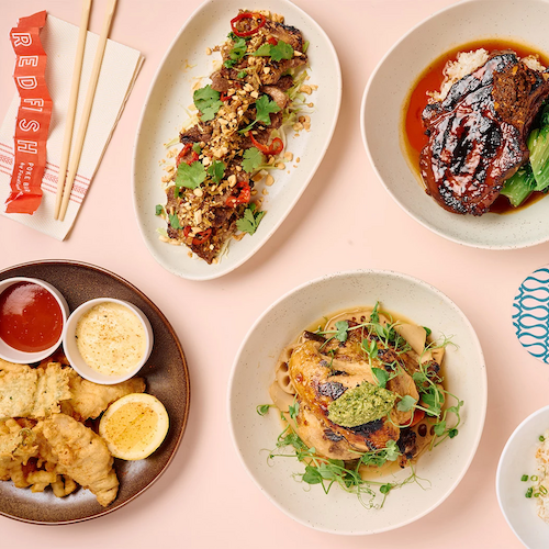 This image shows a variety of dishes including grilled meat, a roasted vegetable dish, tempura with dipping sauces, and a braised meat dish.