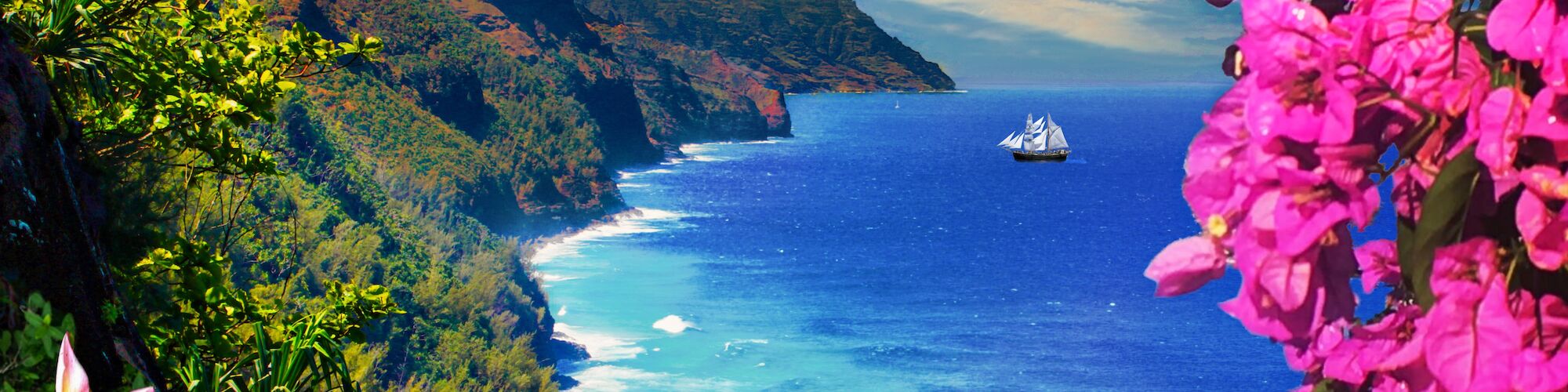 A scenic ocean view with vibrant flowers, rugged cliffs, and a distant sailing ship under a clear blue sky.