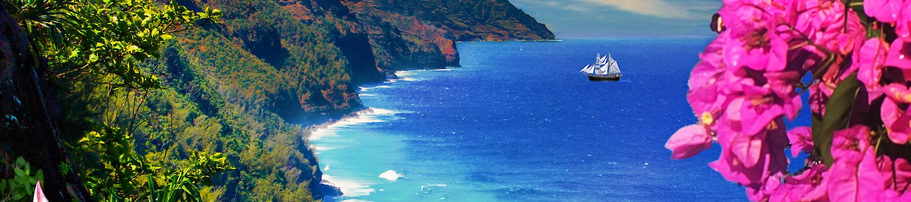 A picturesque coastal scene with vibrant flowers, lush cliffs, and clear blue waters; a distant sailboat is visible under a partly cloudy sky.