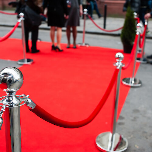 The image shows a red carpet event setup with stanchions and ropes, while people in formal attire stand in the background.