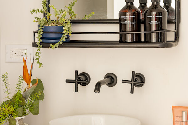 A bathroom counter with a white vessel sink, plants, soap dispensers, and a mirror with a shelf holding more bottles and a small plant ends the sentence.