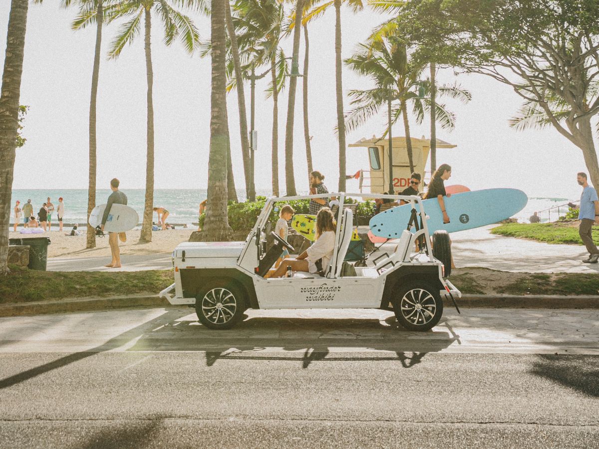 A group of people with surfboards stands by a moke, surrounded by palm trees near a beach.