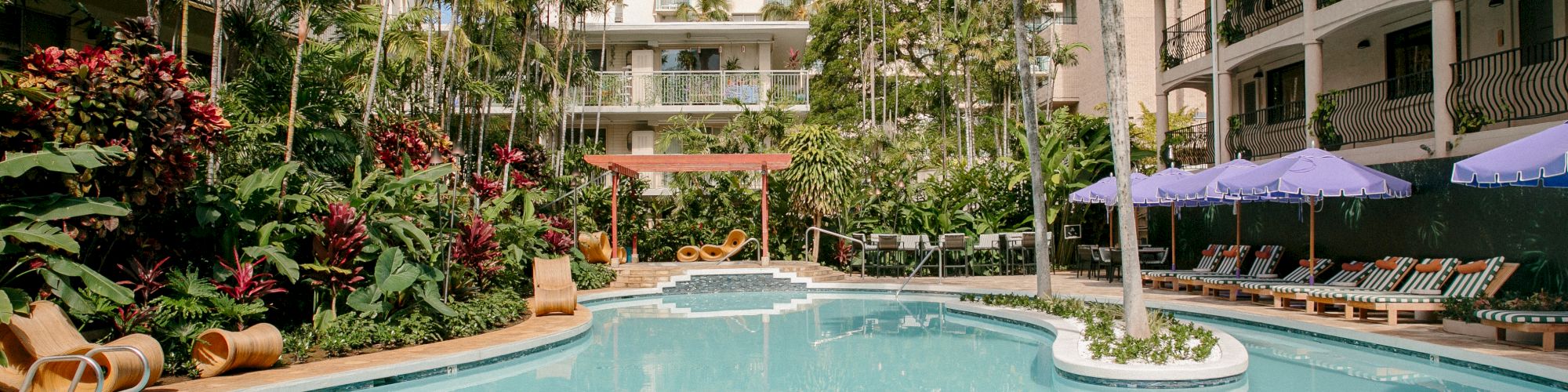 A tranquil outdoor pool surrounded by palm trees, sun loungers with purple umbrellas, and tall buildings in the background.