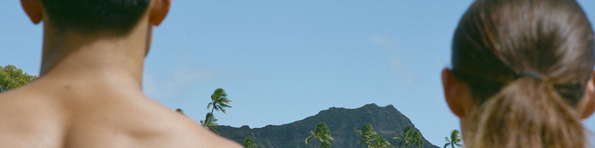 A couple stands by a beach, looking towards a tropical landscape with palm trees and mountains in the background.