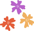 Three stylized flowers in purple, orange, and yellow are scattered on a plain background, each with five petals and a dotted center.