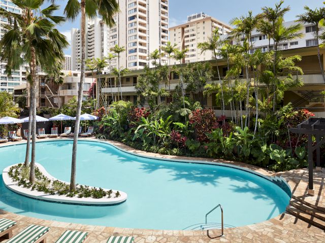 A swimming pool with loungers, tropical plants, and tall buildings in the background, surrounded by palm trees under a clear blue sky.