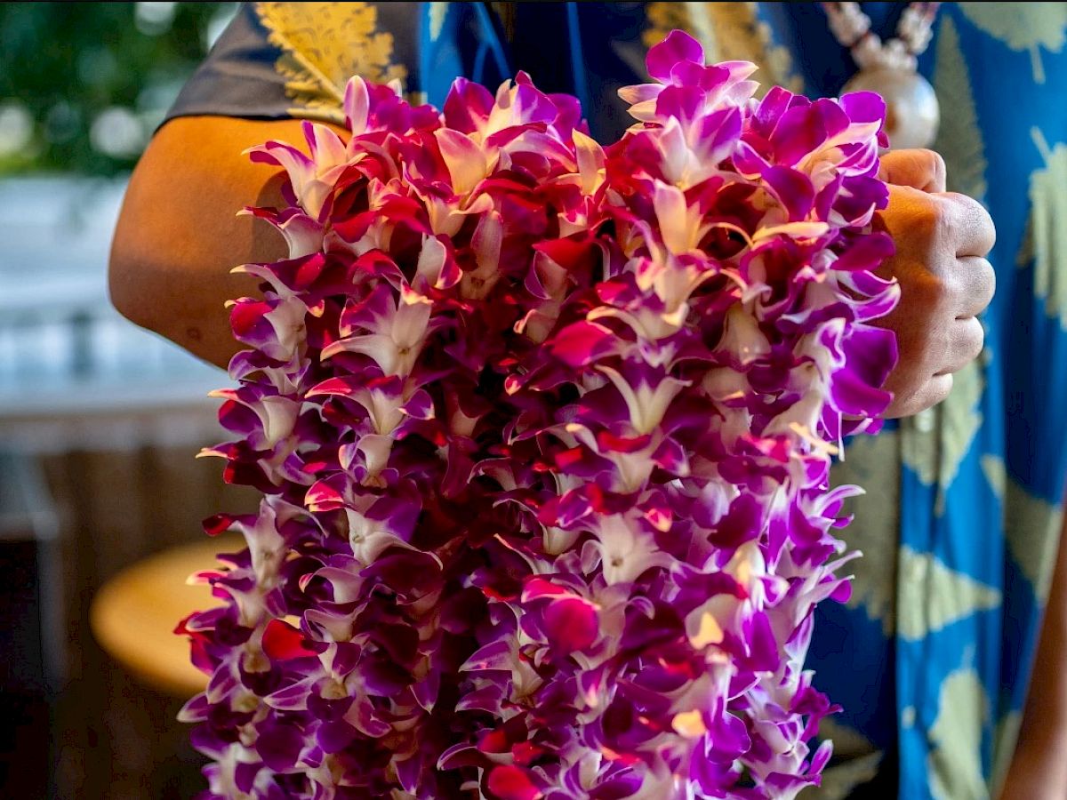A person is holding a bunch of purple and white flower leis, typically used in Hawaiian ceremonies or celebrations, against a blurred background.
