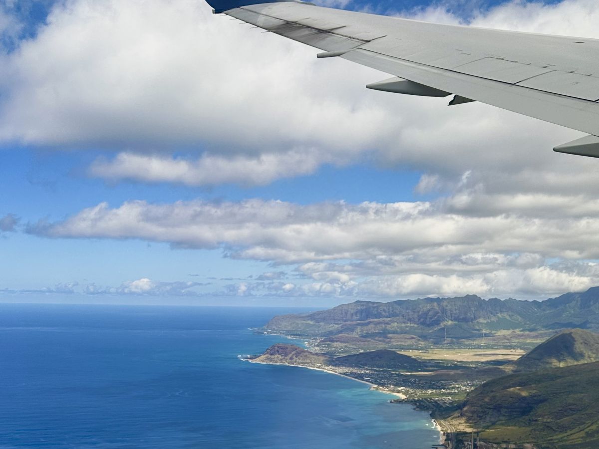 Vue a&eacute;rienne d'un littoral turquoise, avec des vagues, des falaises, des collines verdoyantes et un petit port de plaisance en contrebas, dont les extr&eacute;mit&eacute;s des ailes apparaissent dans le cadre.