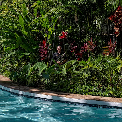 A man stands by a tropical pool, surrounded by dense palms and colorful red foliage in a lush landscaped garden.