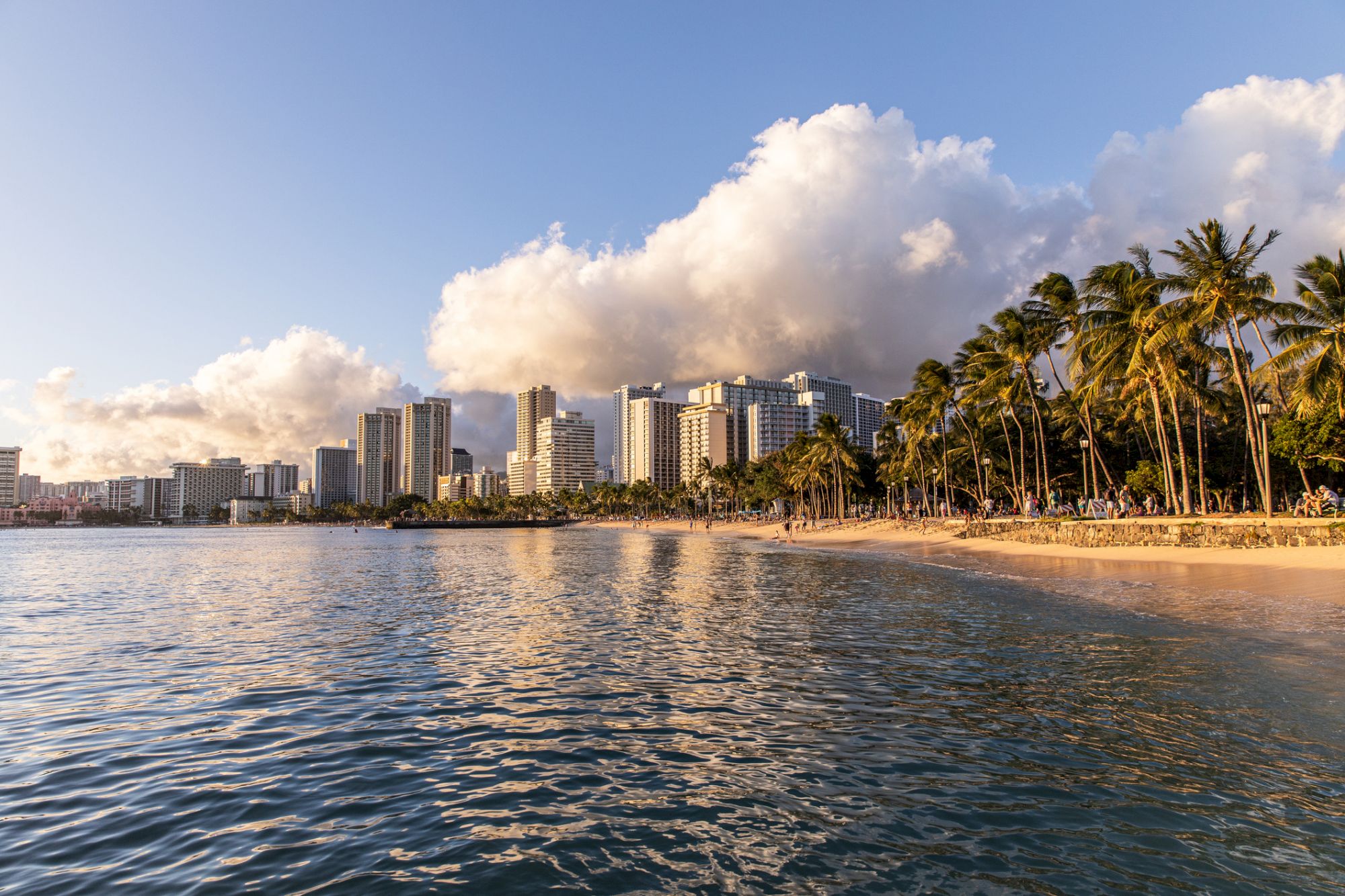 A sunny beach with gentle waves, palm trees, and a tropical city skyline under dramatic clouds.