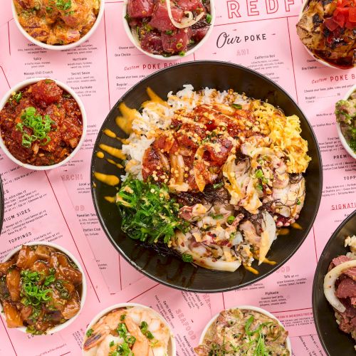 A menu collage of poke bowls with rice, seafood, and toppings like green onions, sesame, and spicy sauces.